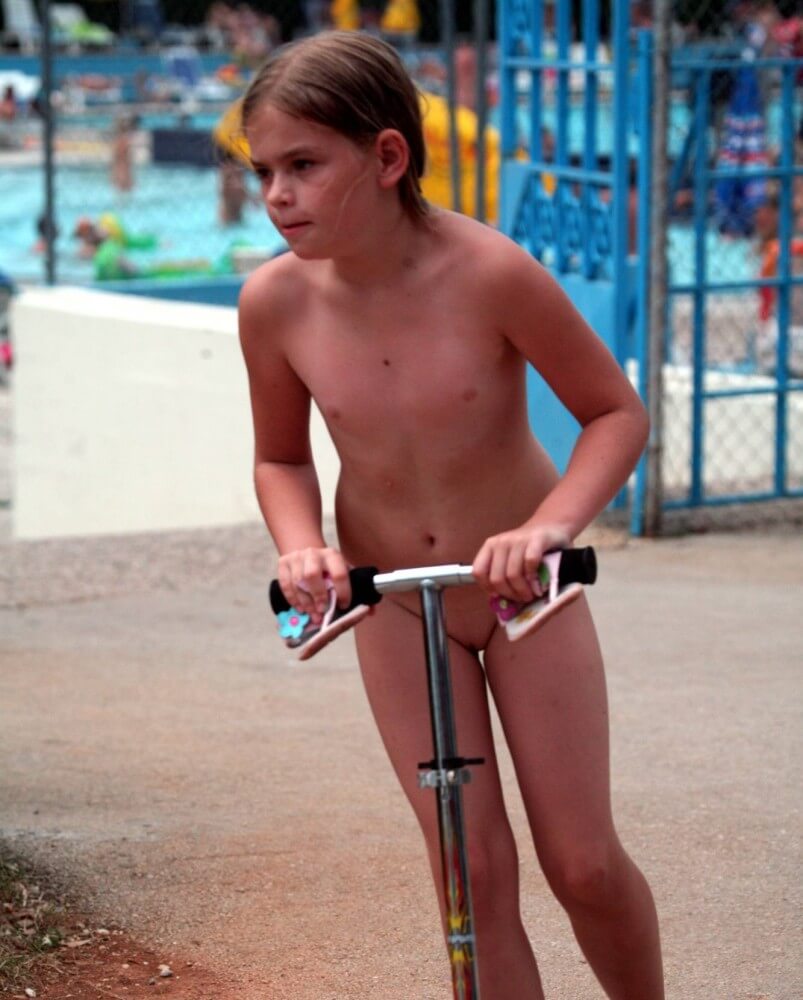 Pool-Side Naturist Scooter pics - Nudism helps improve health and boost self-confidence